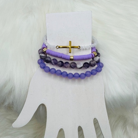 Stainless Steel Cross beaded Arm Candy  Bracelet -  Lavender Color theme - Picture 3 of 6